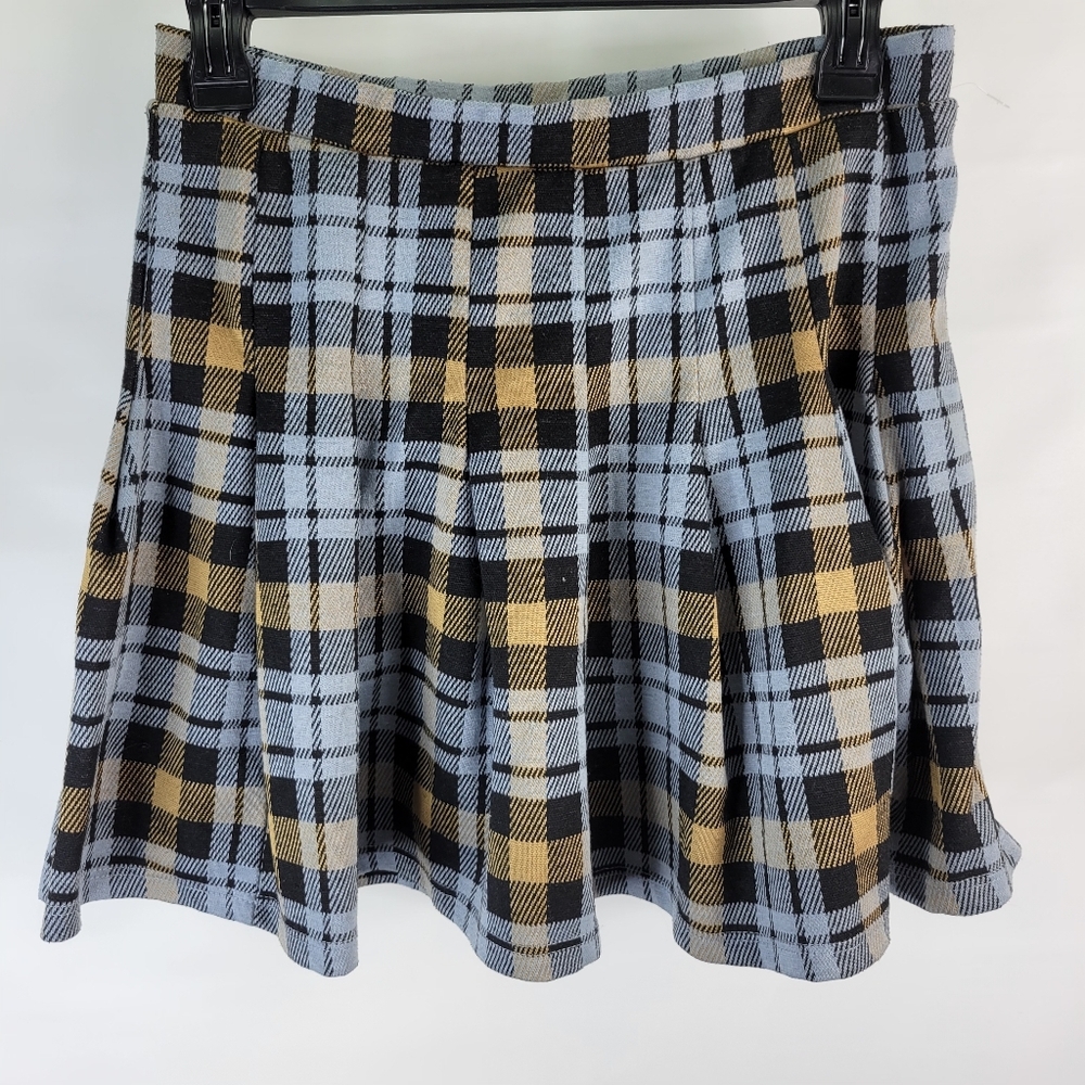 Altar'd State Plaid Mini Skirt Blue Brown Pleated Size Large Clueless Vibes